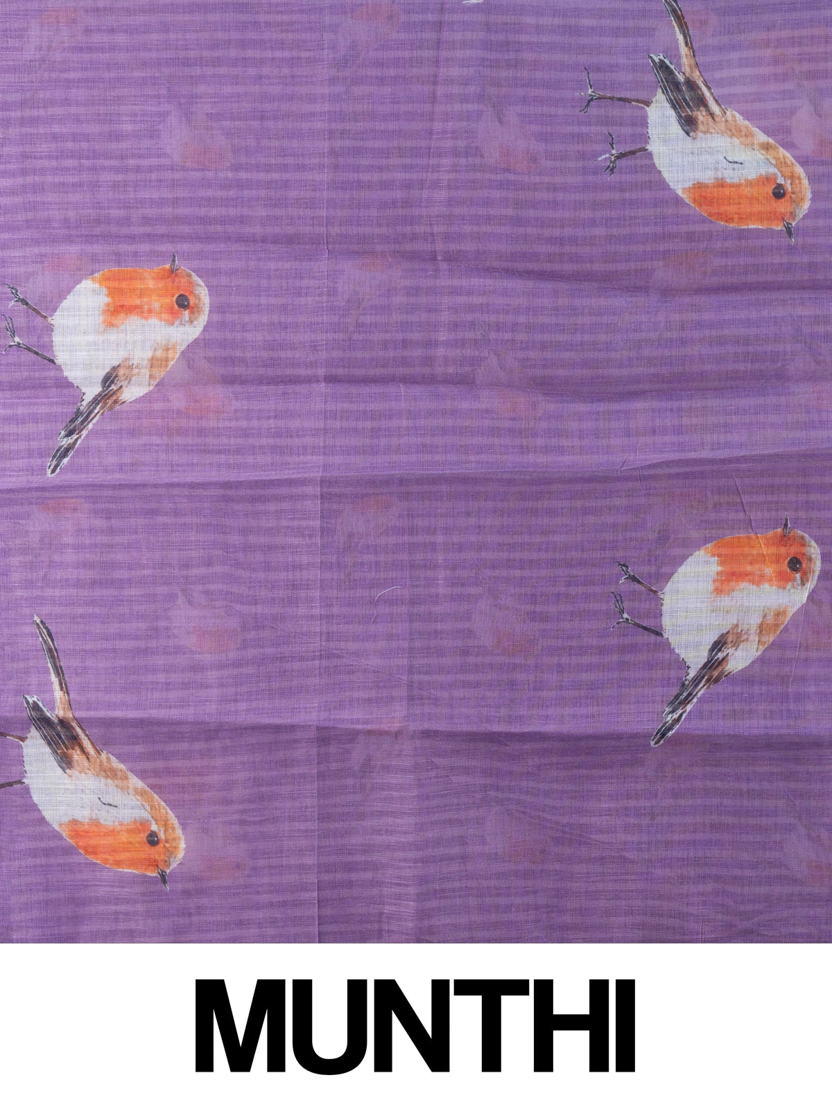 Lavender linen cotton saree with orange and white robin bird prints and gold zari border
