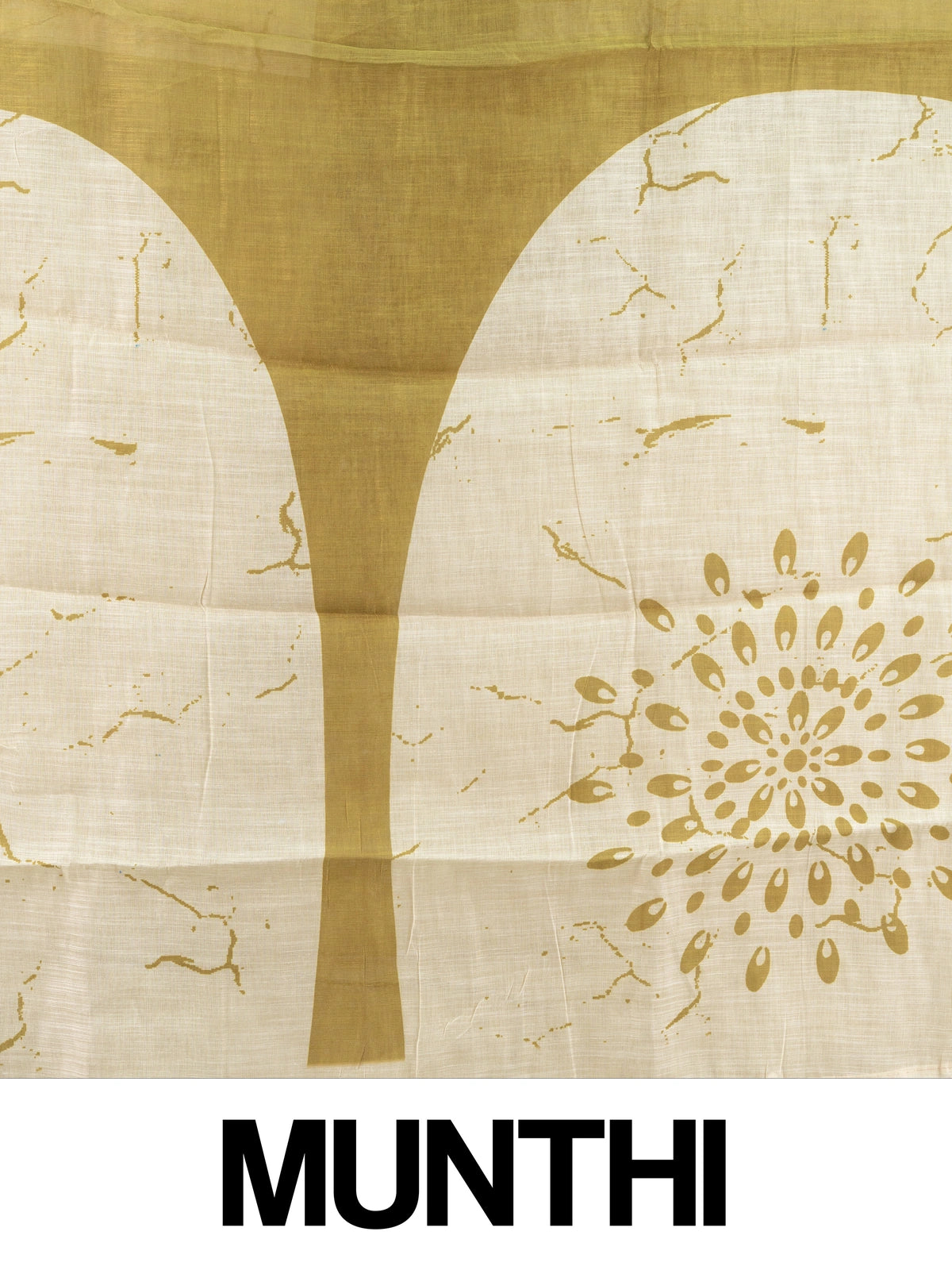 Cream and olive green linen cotton saree with batik-style prints and tree-of-life pallu