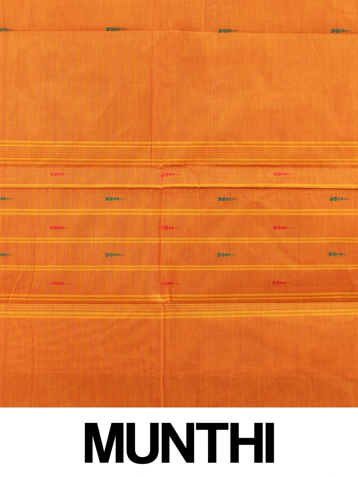 Orange Chettinad cotton saree with contrast green and gold zari border and woven buttas