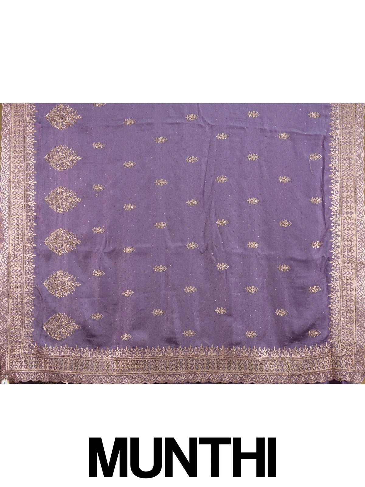 Mauve purple designer saree with gold embroidered floral butis and ornate zari border