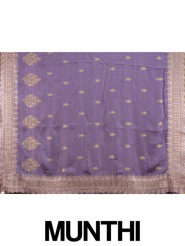 Mauve purple designer saree with gold embroidered floral butis and ornate zari border