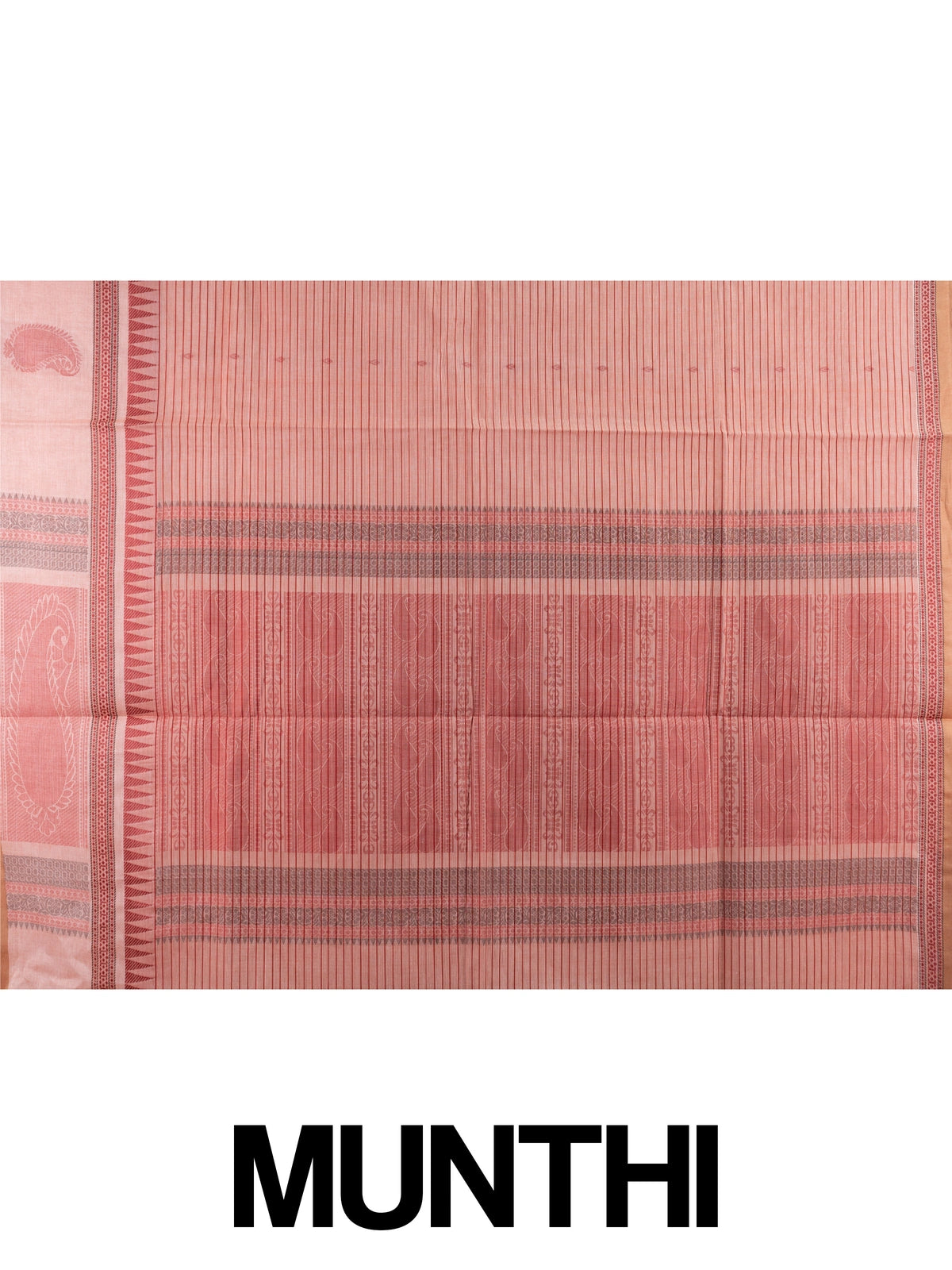 Peach semi raw silk saree with maroon stripes, temple border and paisley pallu