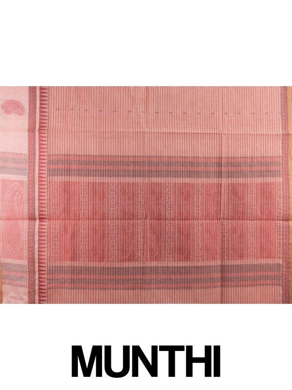 Peach semi raw silk saree with maroon stripes, temple border and paisley pallu