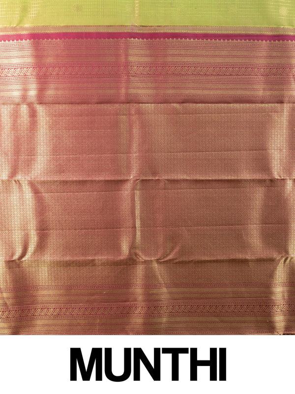 Parrot green pure Kanchipuram silk saree with contrast maroon and gold zari border and pallu