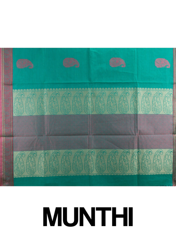 Teal green semi raw silk saree with magenta gold zari paisley border and buttas
