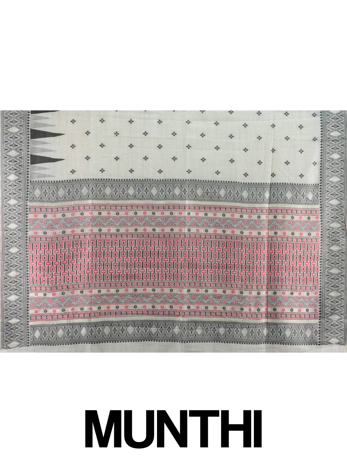Ivory linen cotton saree with black temple border, floral buttas and pink patterned pallu