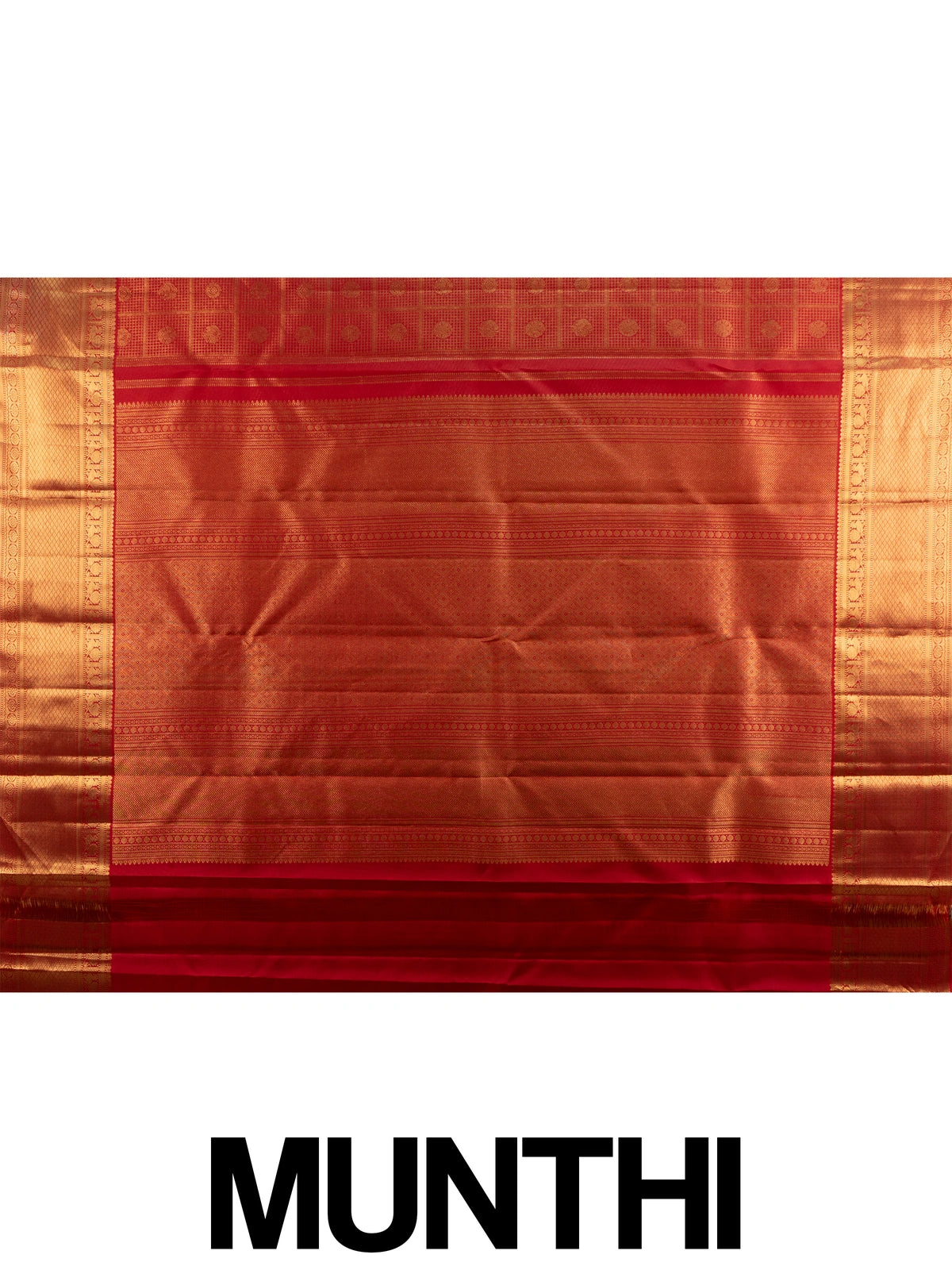 Red pure Kanchipuram silk saree with checked body, gold zari border and ornate zari pallu