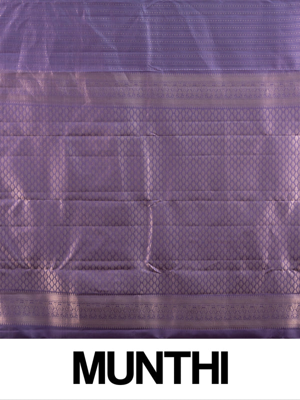 Purple and gold pure Kanchipuram silk saree with zari stripes, contrast border and ornate zari pallu