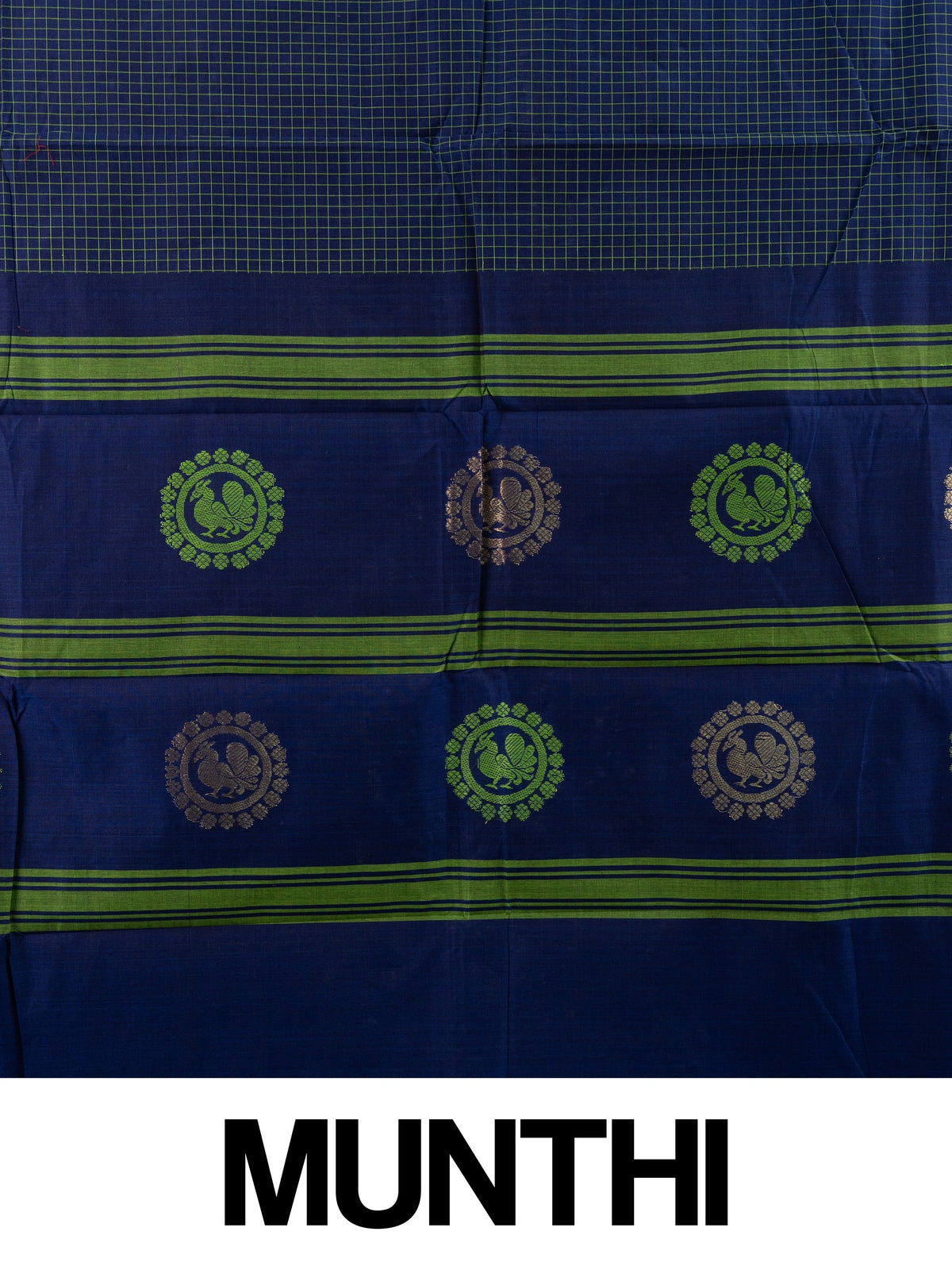Navy blue Chettinad cotton saree with green checks and magenta gold zari peacock border