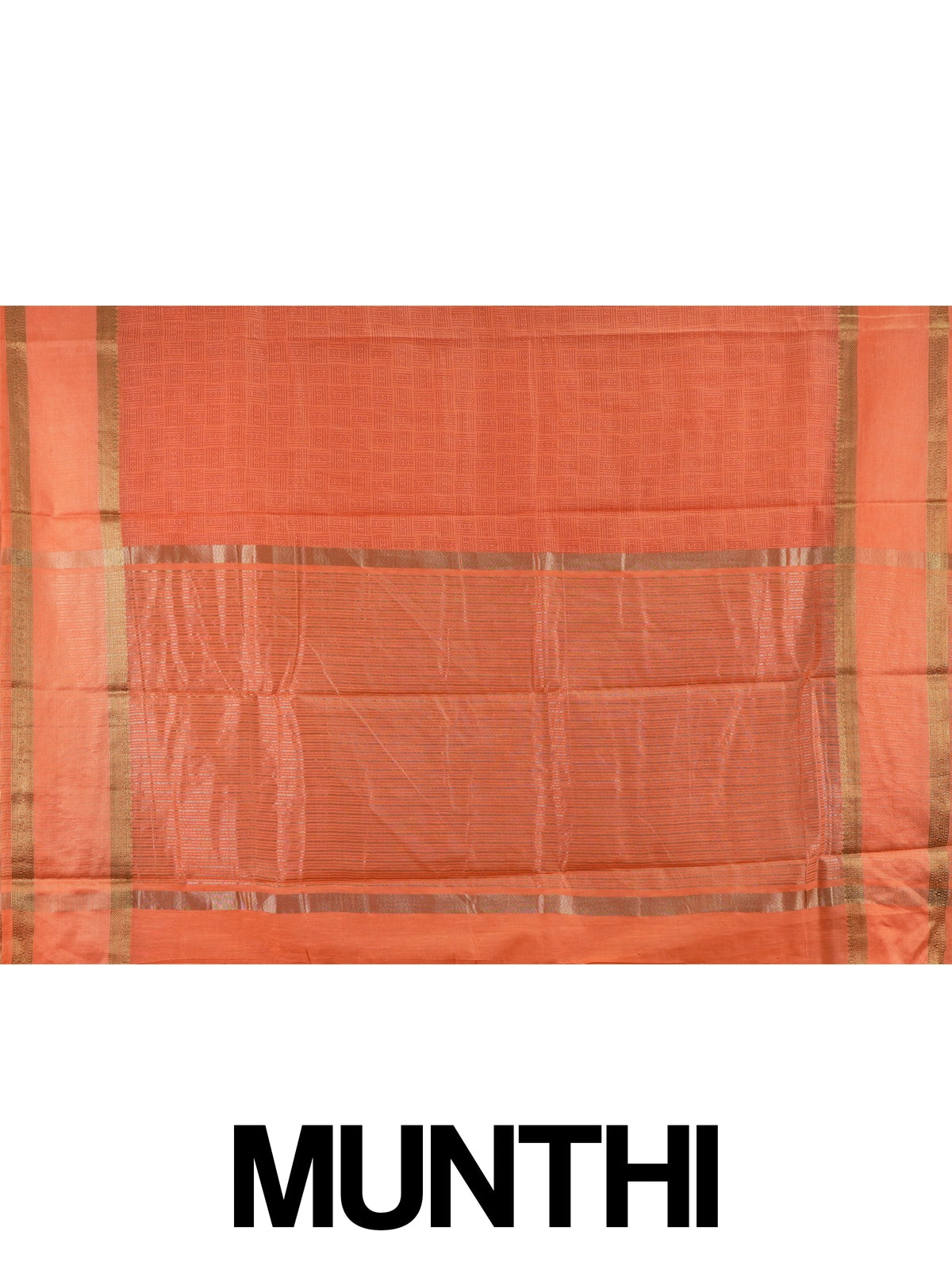 Orange semi tussar saree with gold zari border and geometric patterned body