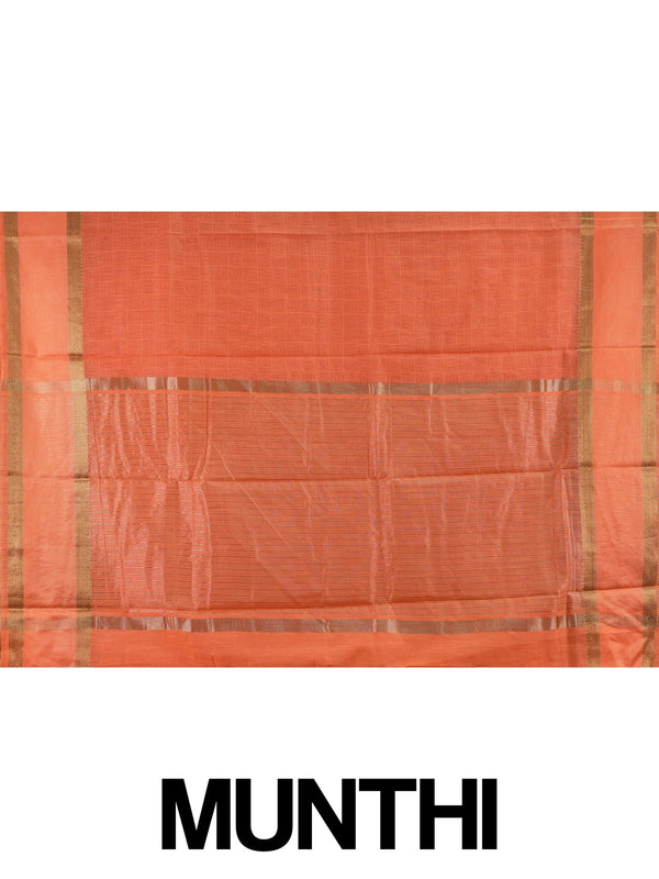 Orange semi tussar saree with gold zari border and geometric patterned body
