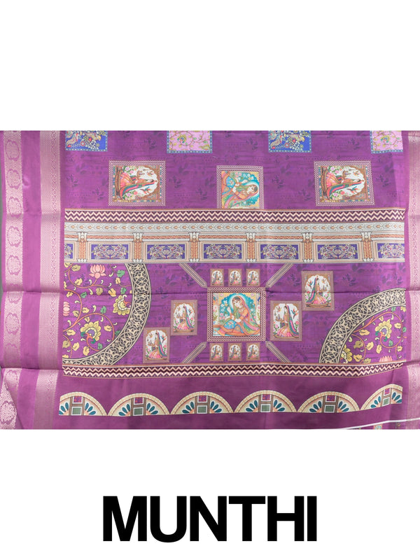 Purple Dola silk saree with Mughal miniature print panels and contrast pink gold zari border