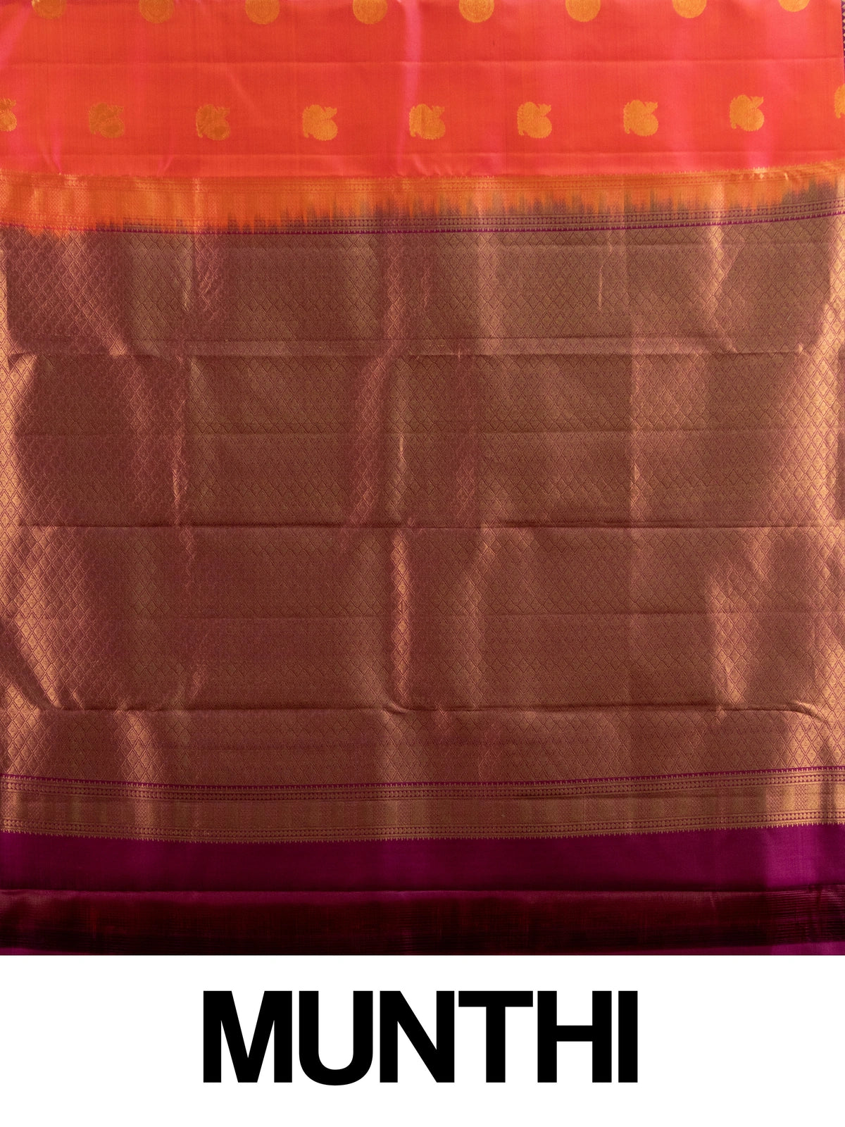 Orange-red pure Kanchipuram silk saree with gold zari buttas and contrast purple zari border and pallu