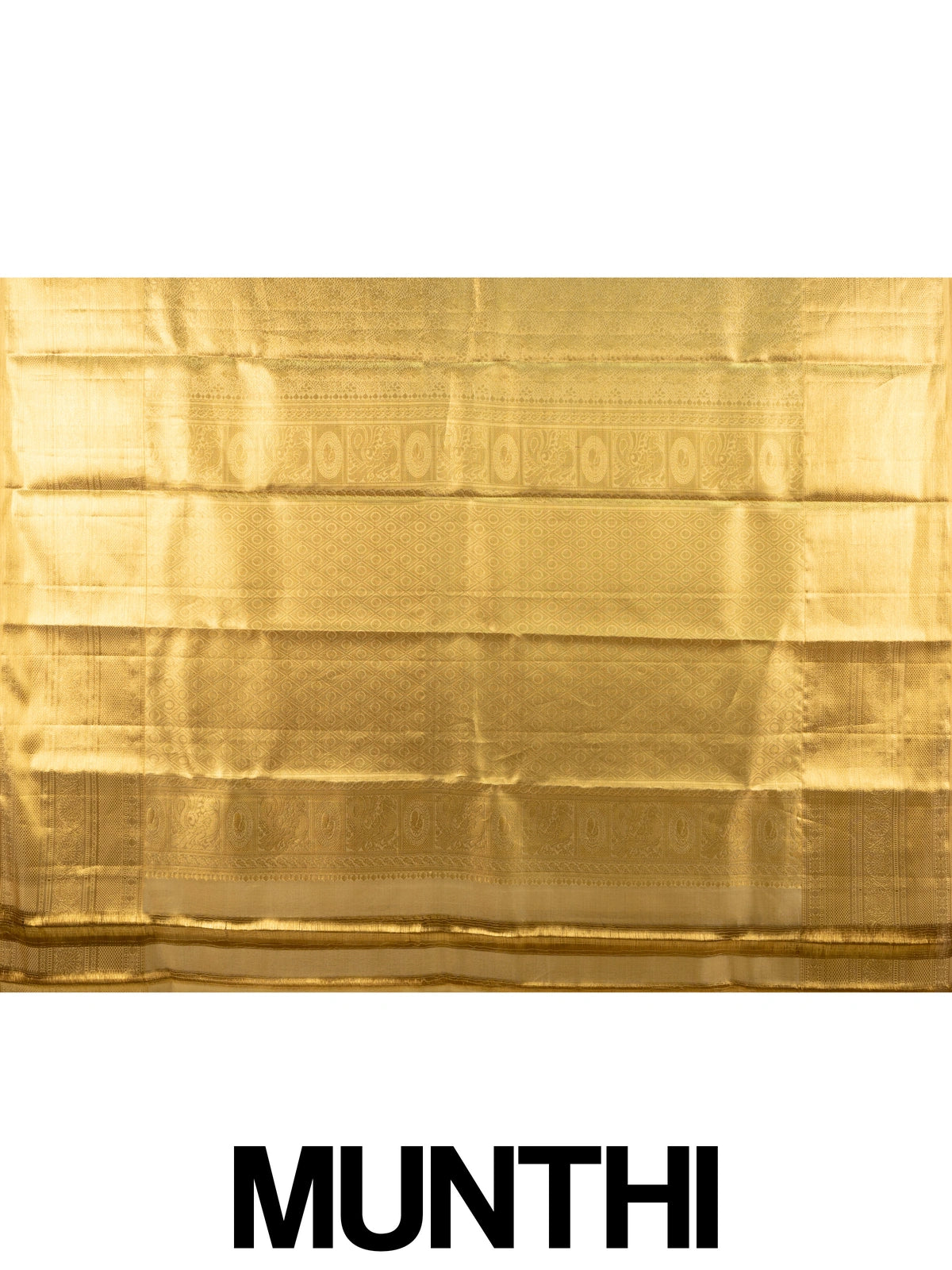 Gold pure Kanchipuram silk saree with all-over zari weave and ornate paisley-peacock pallu