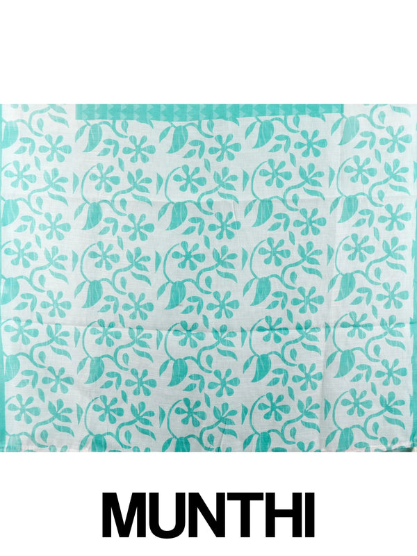 Teal and white floral printed linen cotton saree with gold border and matching blouse
