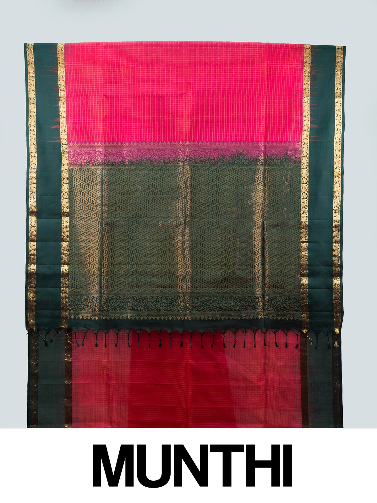 Pink soft silk saree with bottle-green contrast gold zari border and woven zari pallu