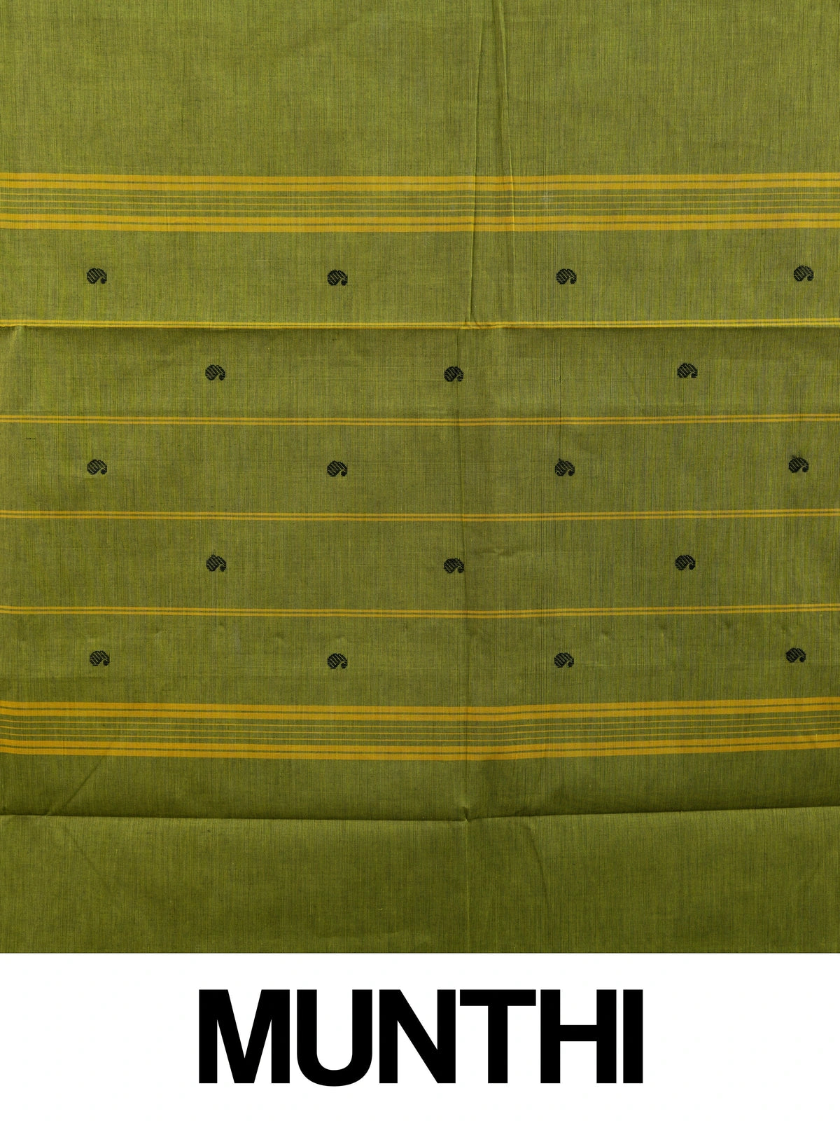 Olive green Chettinad cotton saree with black and gold zari contrast border and paisley buttas