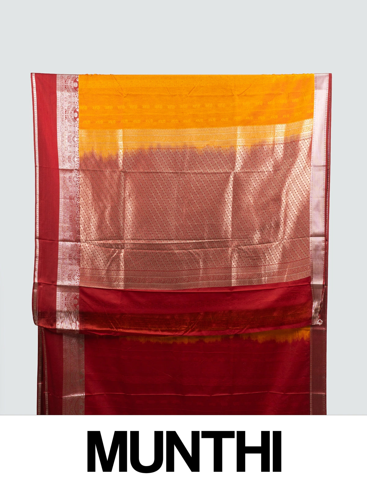 Mustard orange semi silk saree with maroon silver zari contrast border and woven pallu