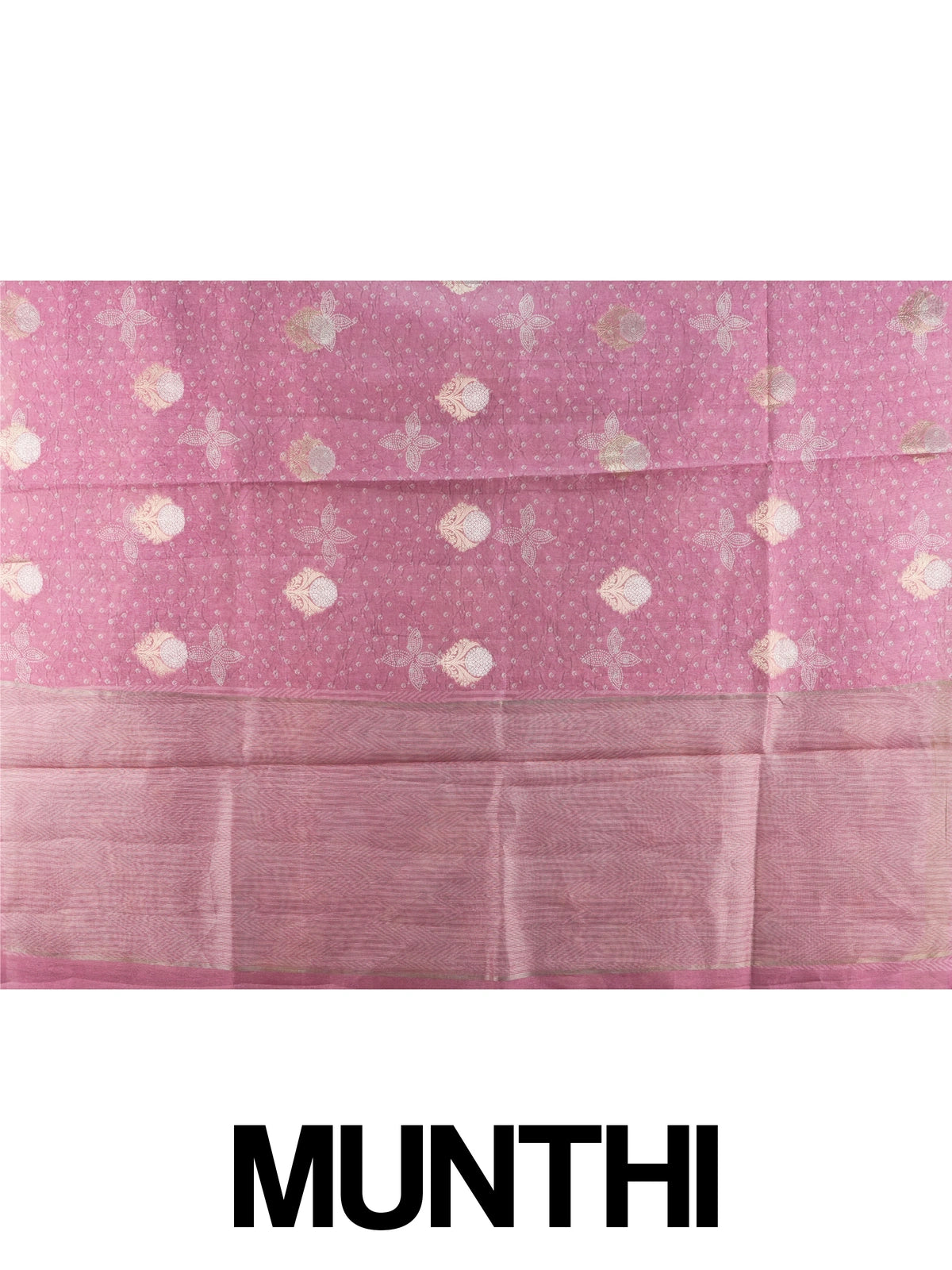 Rose pink designer saree with bandhani-effect texture, gold zari floral buttas and a zari tissue border