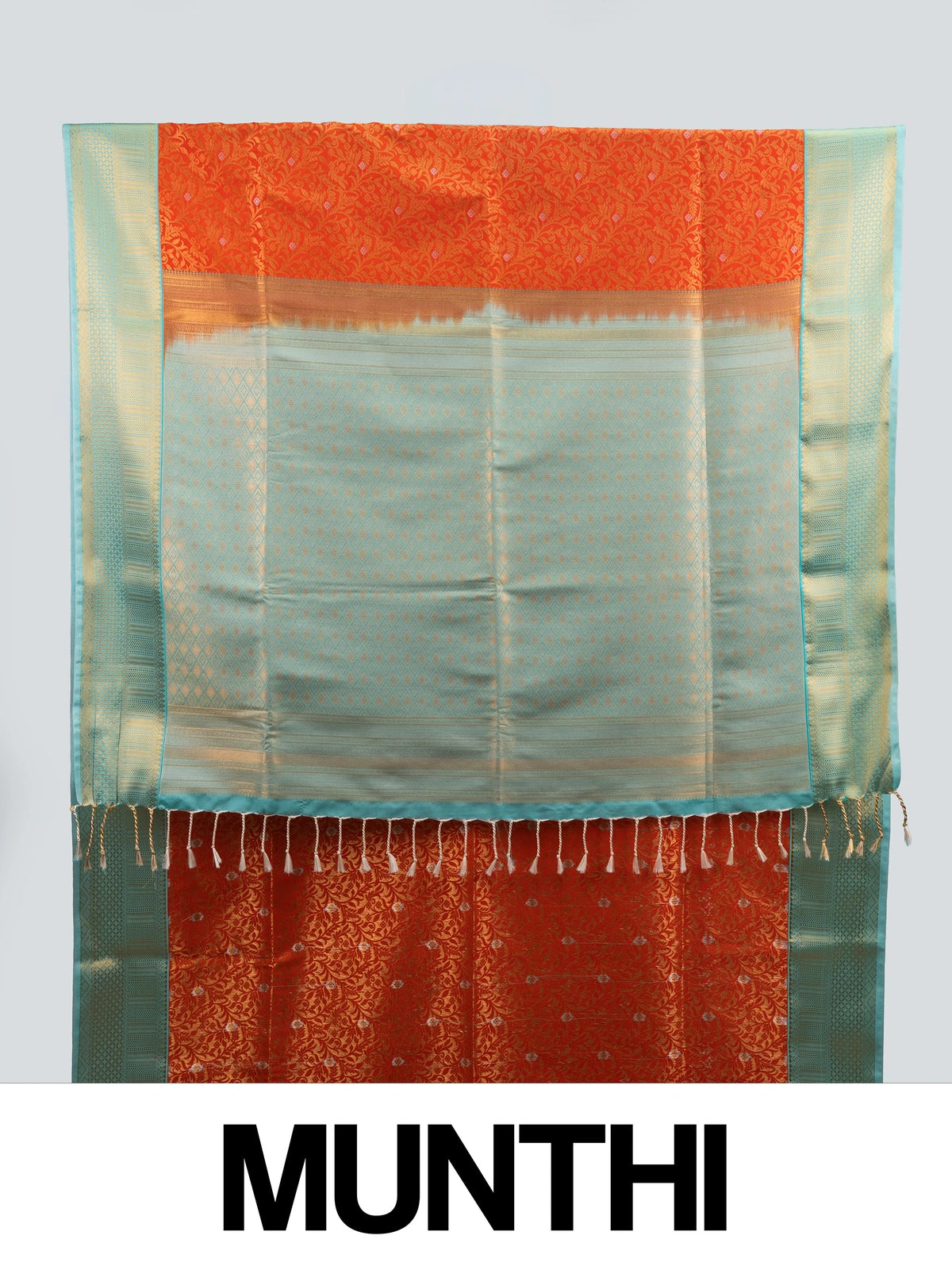 Orange Kanchipuram fancy silk saree with turquoise contrast border, gold zari floral body and diamond-patterned pallu