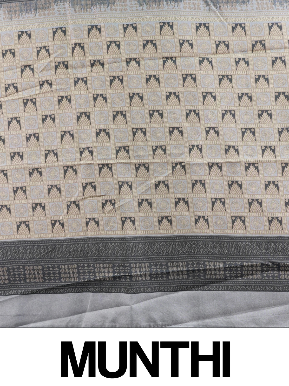 Grey Dola silk saree with cream gold zari border and floral buttis