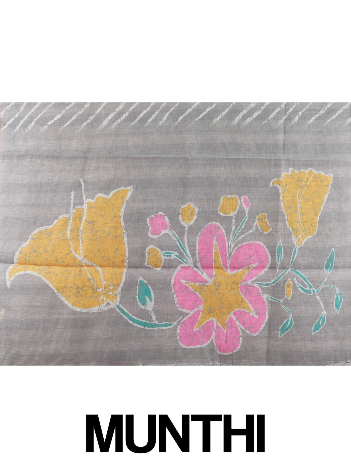 Grey linen cotton saree with white diagonal leheriya stripes, gold zari border and a floral batik pallu