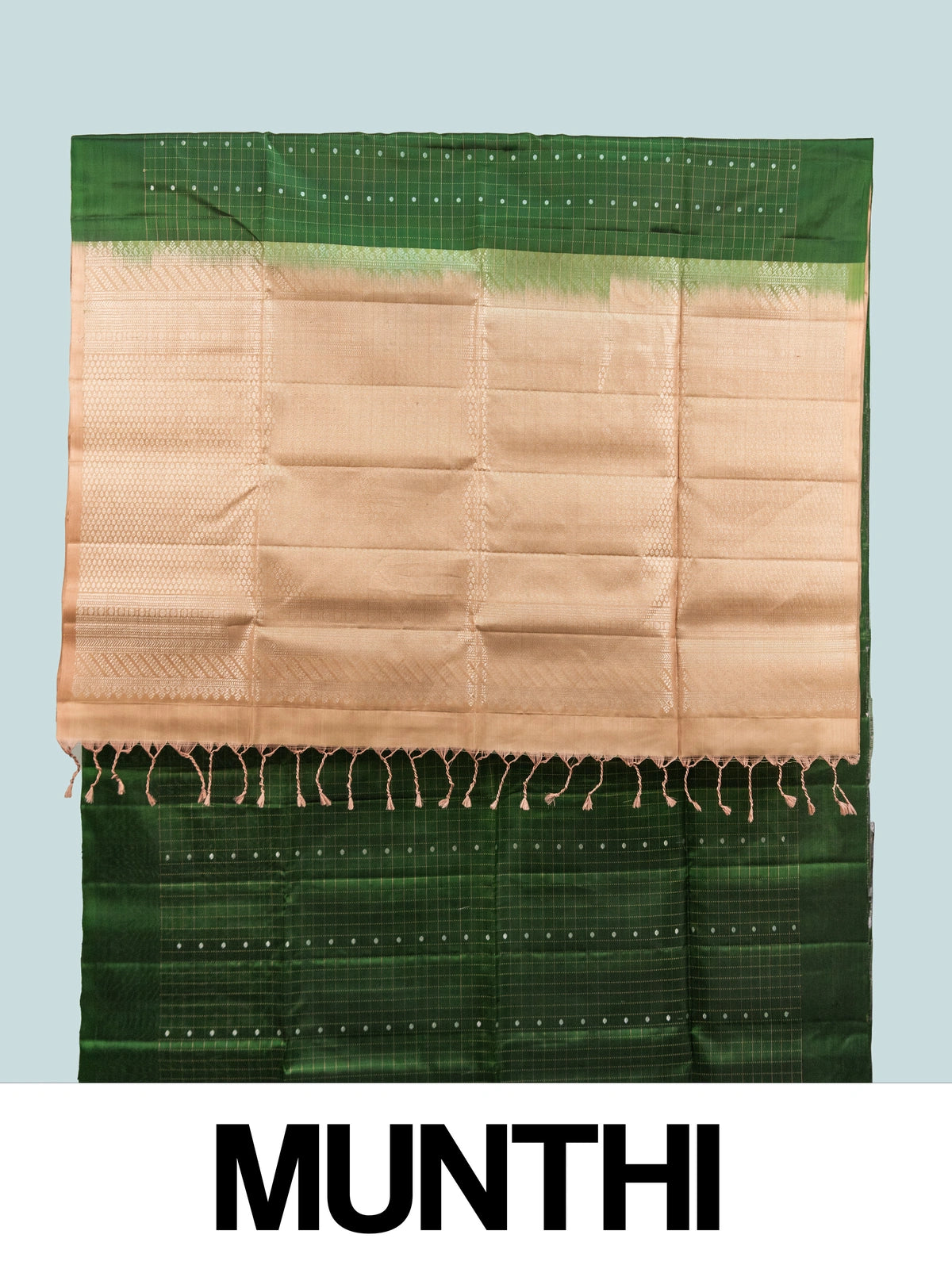 Dark green Kanchipuram pure mix saree with checked body and contrast beige-gold zari pallu and border