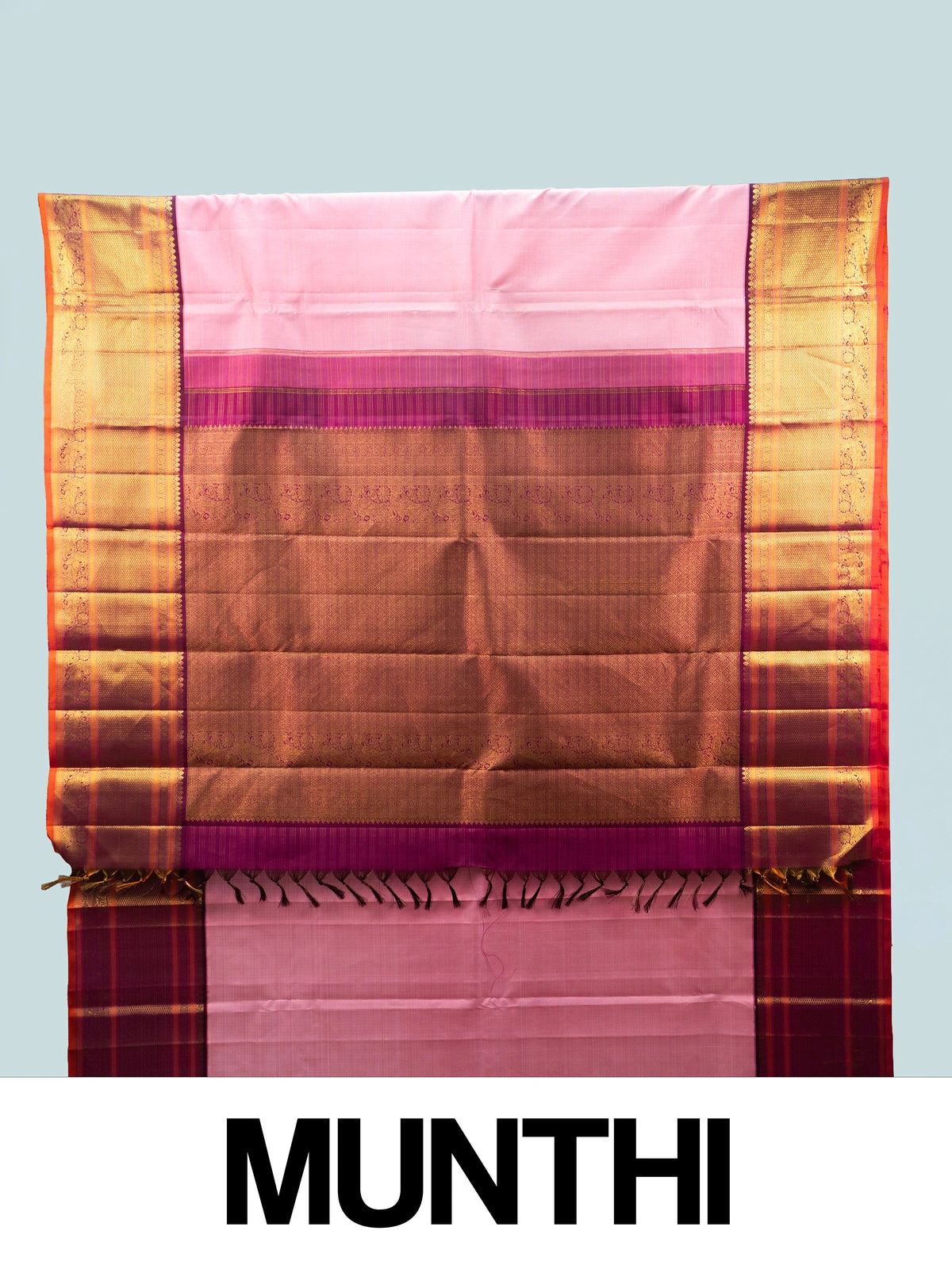 Pink and maroon pure Kanchipuram silk saree with gold zari contrast border and pallu