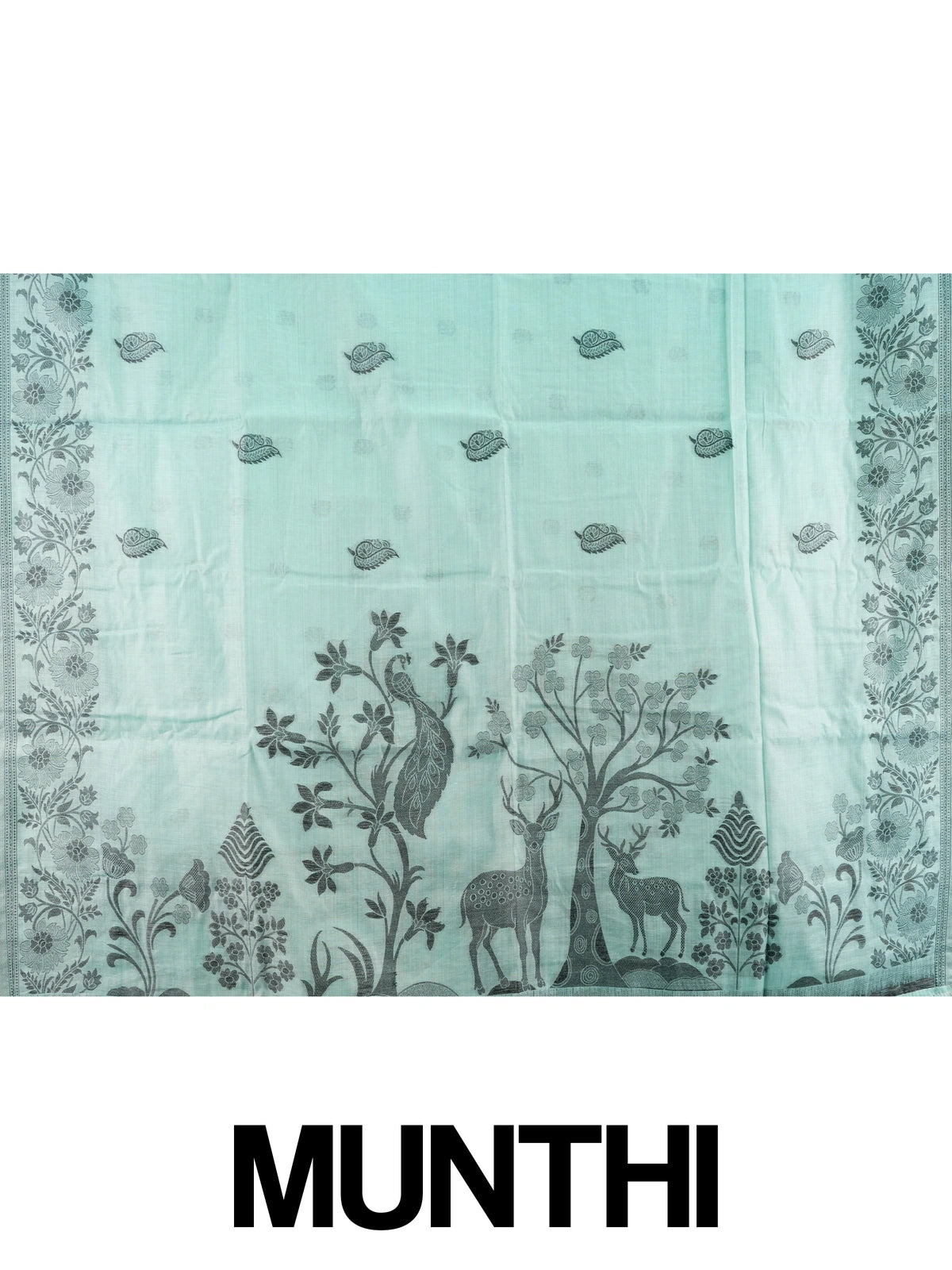 Sea green linen cotton saree with dark teal paisley buttas, floral border and scenic peacock and deer pallu