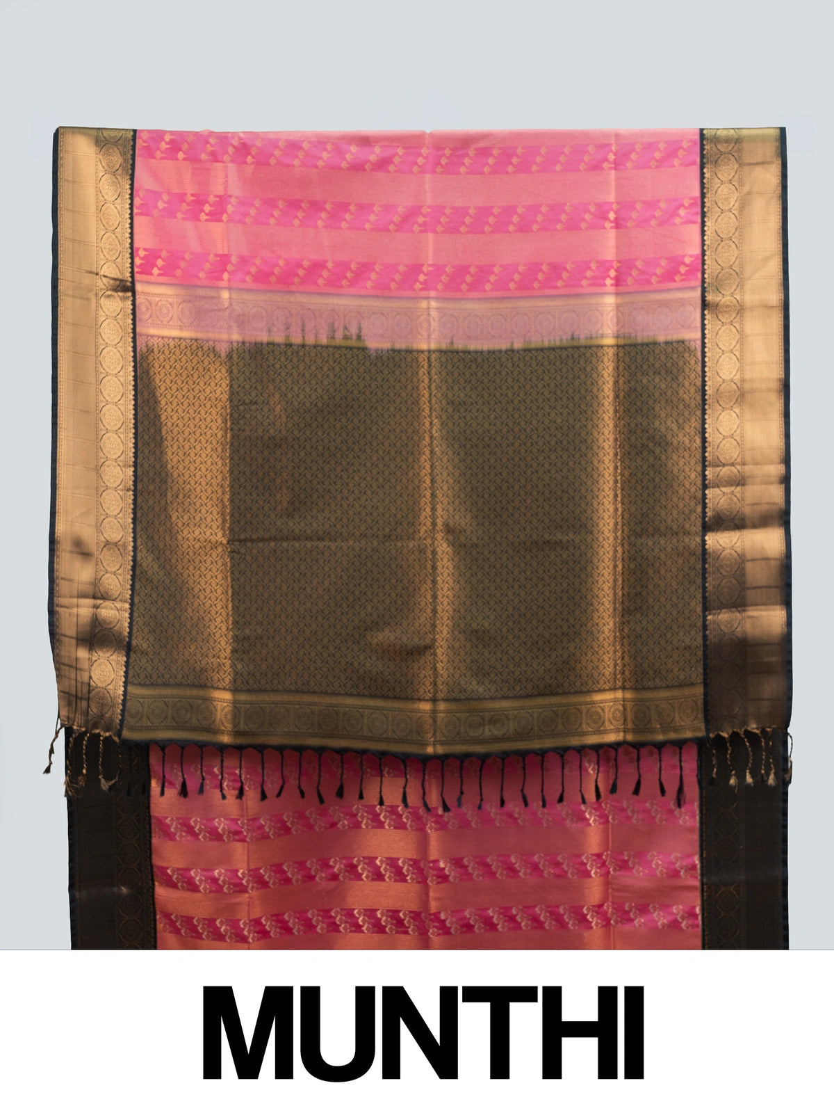 Pink Kanchipuram fancy silk saree with contrast black and gold zari border and pallu