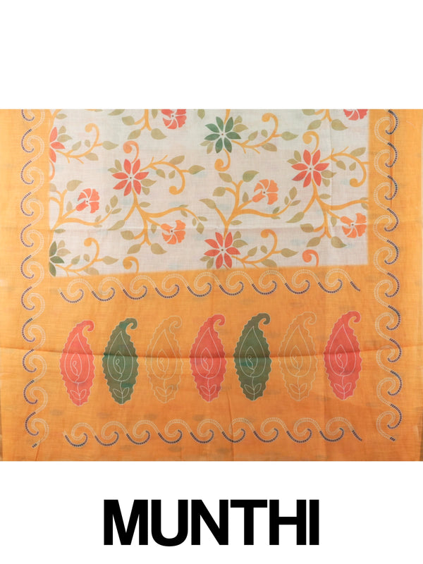 Cream linen cotton saree with orange floral print and paisley border