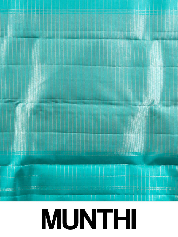 Turquoise blue pure Kanchipuram silk saree with silver zari checks, buti motifs and striped zari border
