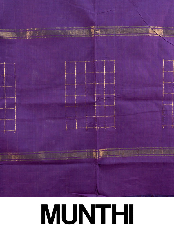 Purple Chettinad cotton saree with gold zari checks and contrast mustard zari border