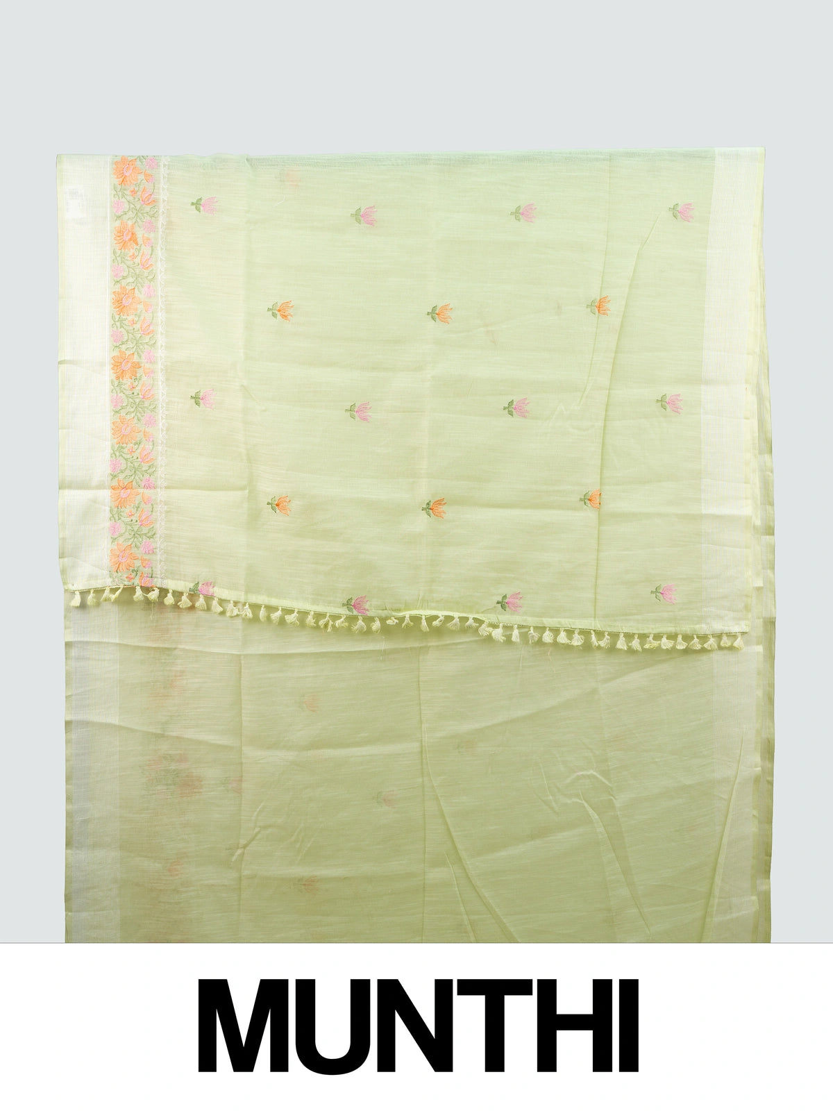 Pastel green linen cotton saree with pink and orange floral embroidery and cream contrast border