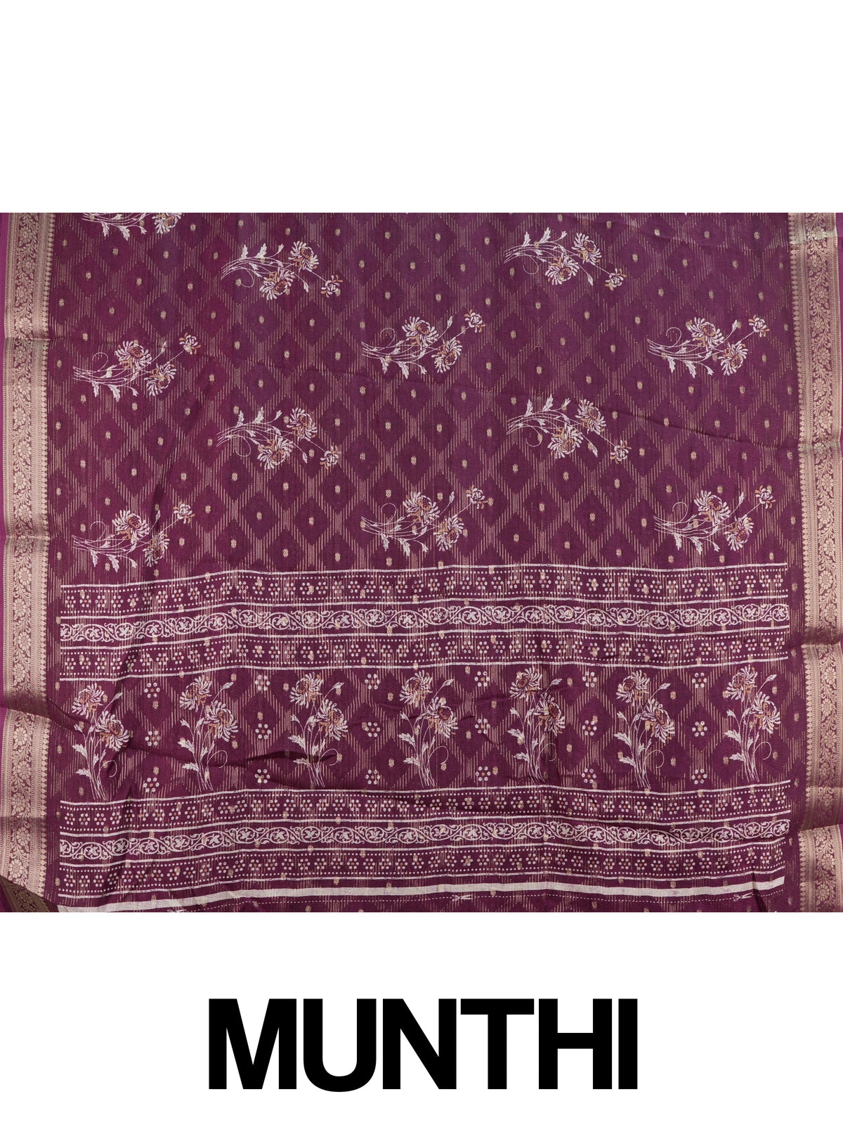 Wine purple art silk designer saree with floral prints, gold zari buttis and contrast zari border