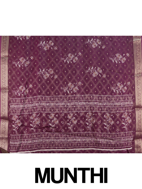 Wine purple art silk designer saree with floral prints, gold zari buttis and contrast zari border