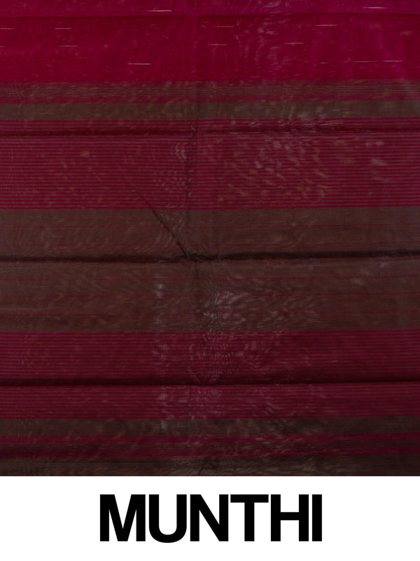 Deep magenta silk cotton saree with fine zari stripes and a dark contrast striped pallu
