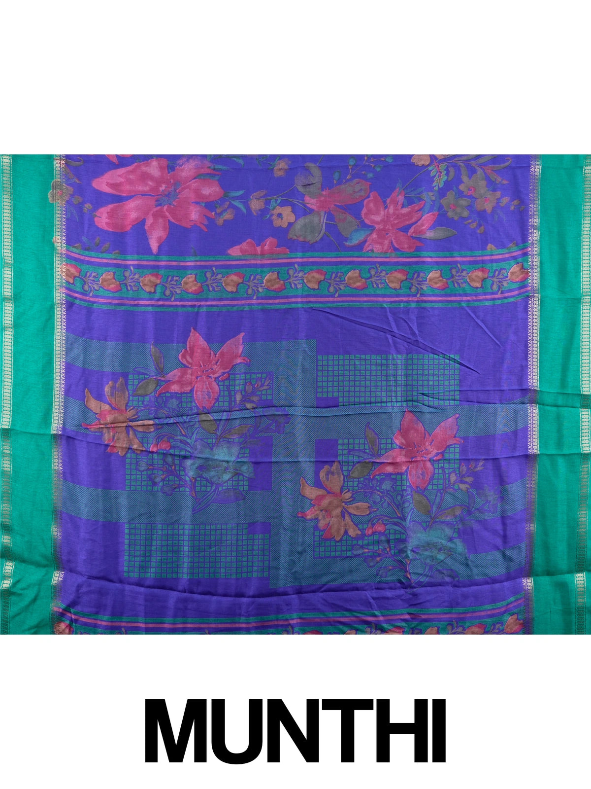 Violet blue Dola silk saree with floral print body and contrast teal green gold zari border
