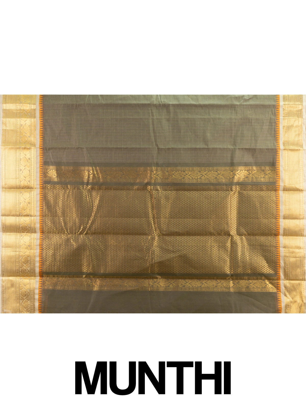 Olive green Chettinad cotton saree with checked body and gold zari border