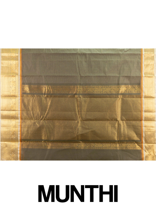 Olive green Chettinad cotton saree with checked body and gold zari border
