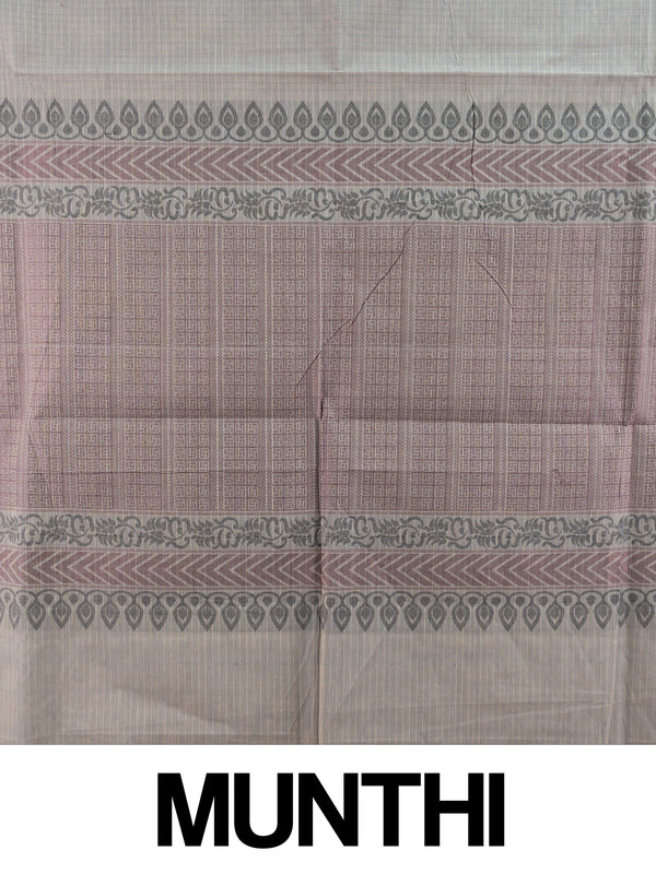 Grey silk cotton saree with fine checks and contrast mauve woven paisley border and pallu