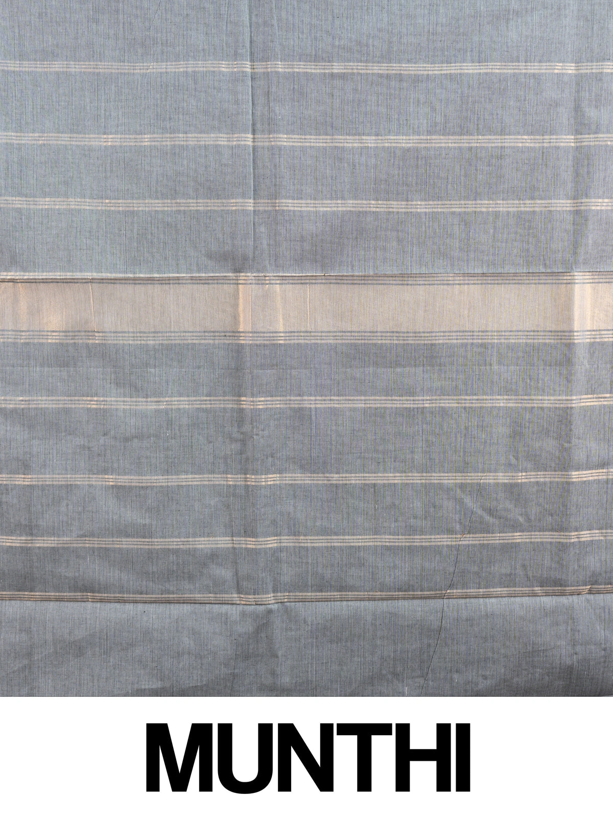 Grey Chettinad cotton saree with contrast mustard, maroon and green border and gold zari temple motifs