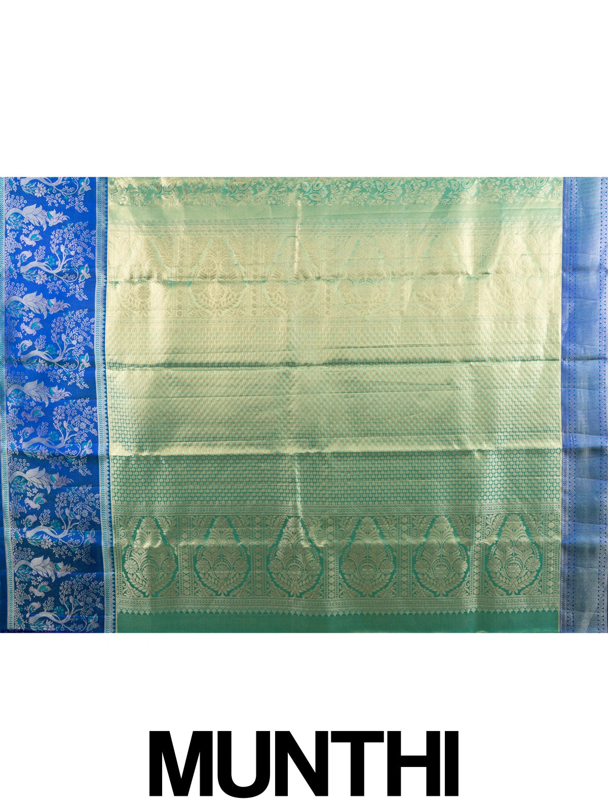 Green pure Kanchipuram silk saree with gold zari brocade and contrast royal blue peacock-motif border