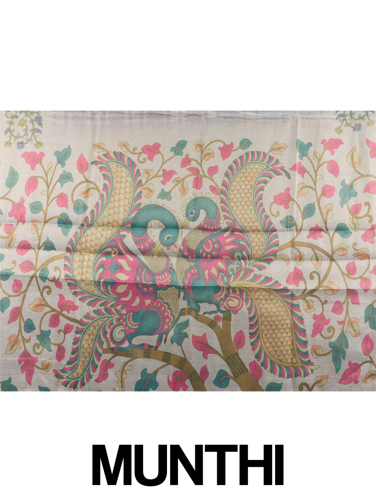 Lavender and cream checked linen cotton saree with Kalamkari peacock and floral printed pallu and border
