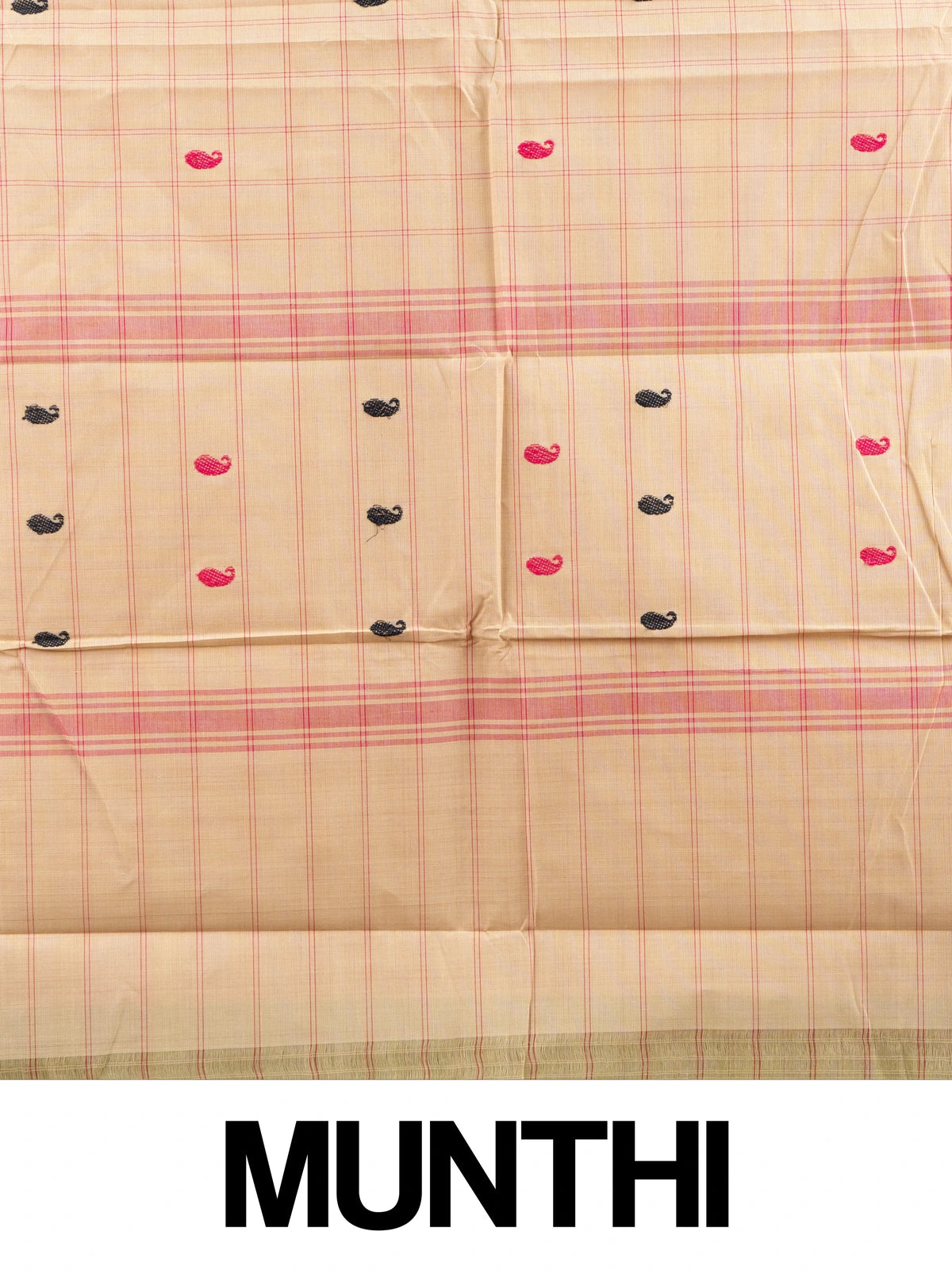 Beige and pink checked Chettinad cotton saree with gold zari border and paisley buttas