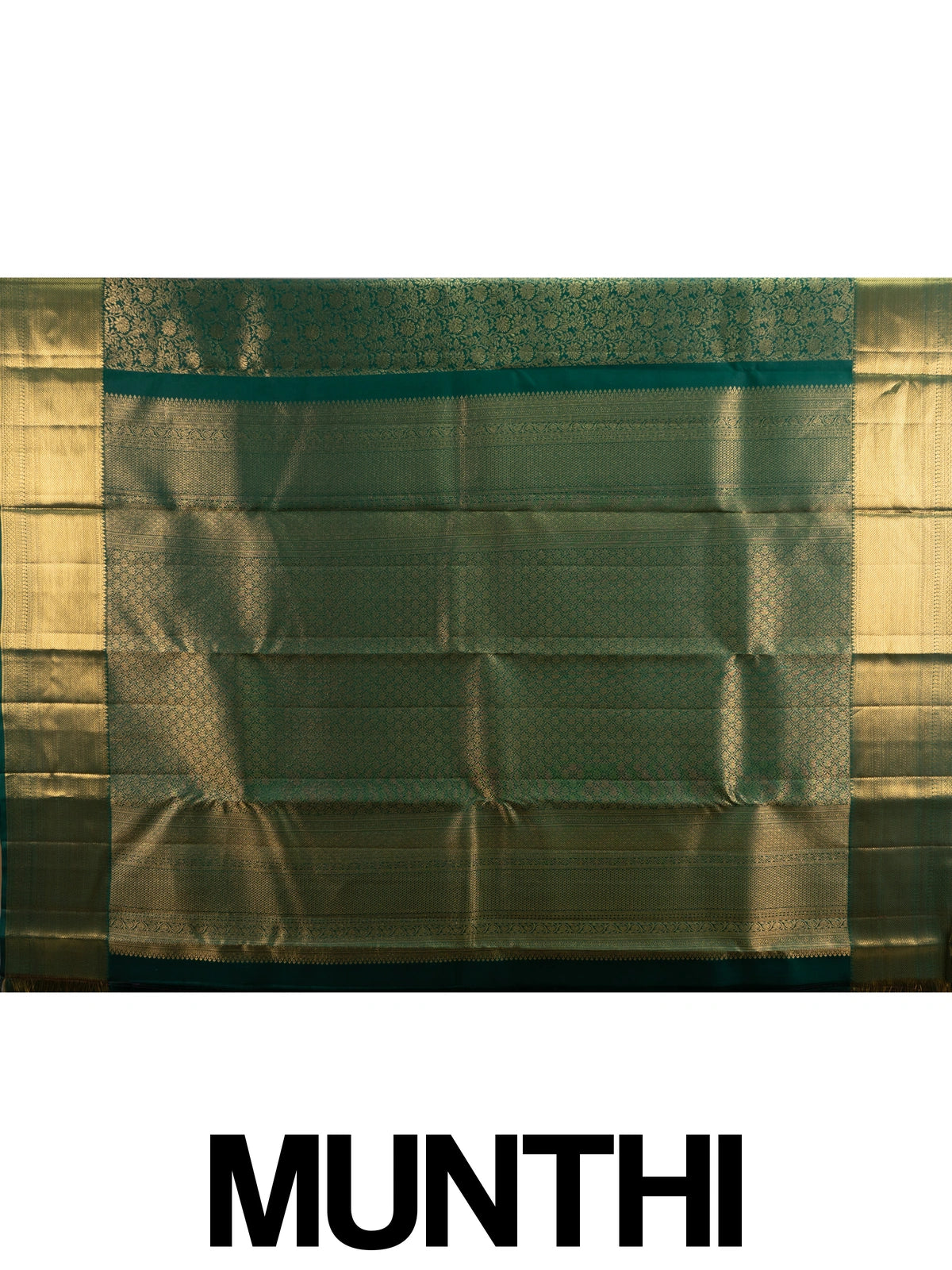 Deep green pure Kanchipuram silk saree with allover gold zari floral brocade and contrast gold zari border