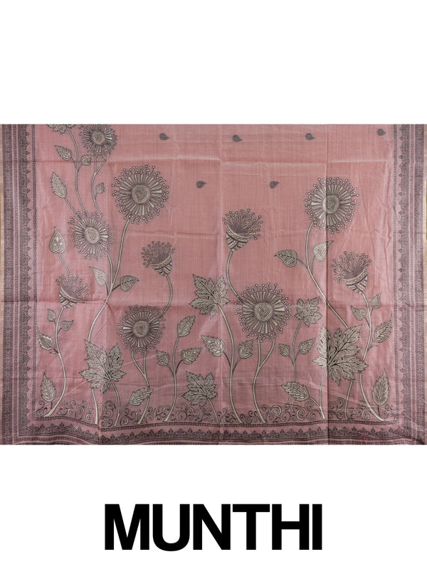 Dusty rose pink linen cotton saree with contrast printed border and floral pallu