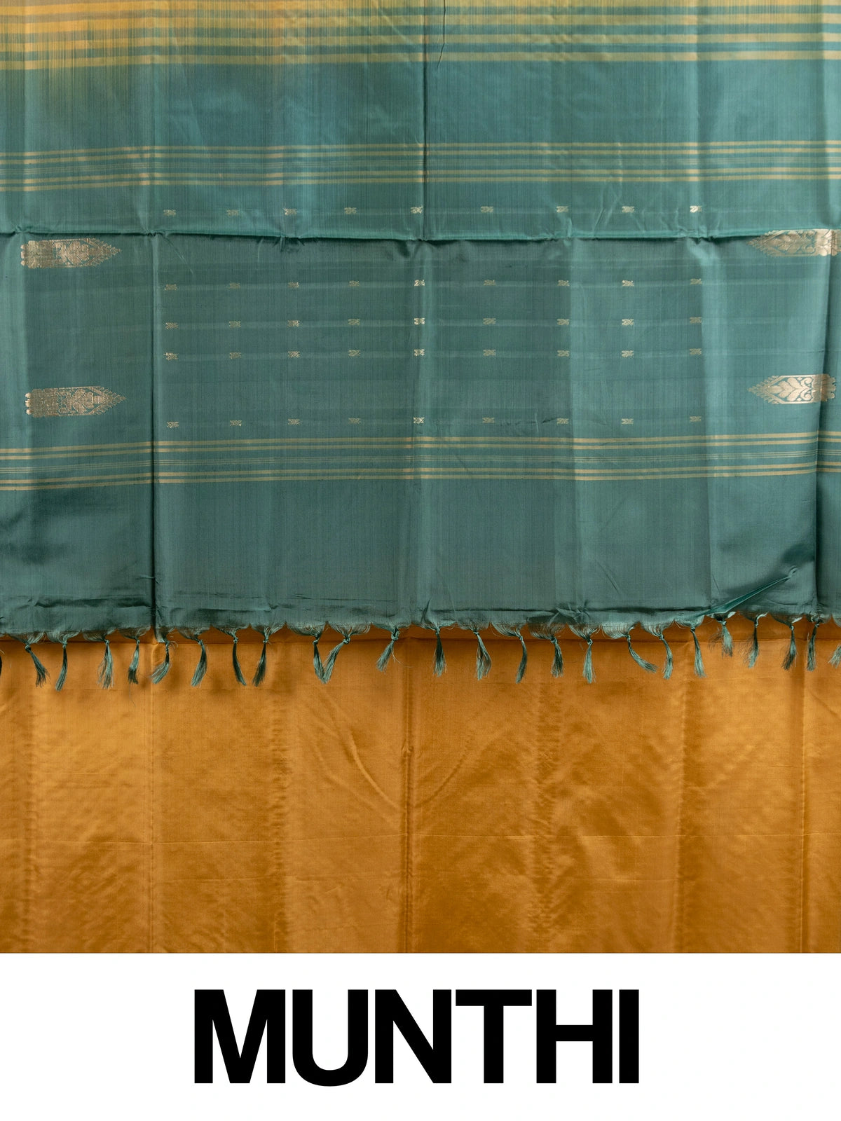 Mustard banana silk saree with contrast bottle-green border, gold zari buttas and striped tasselled pallu