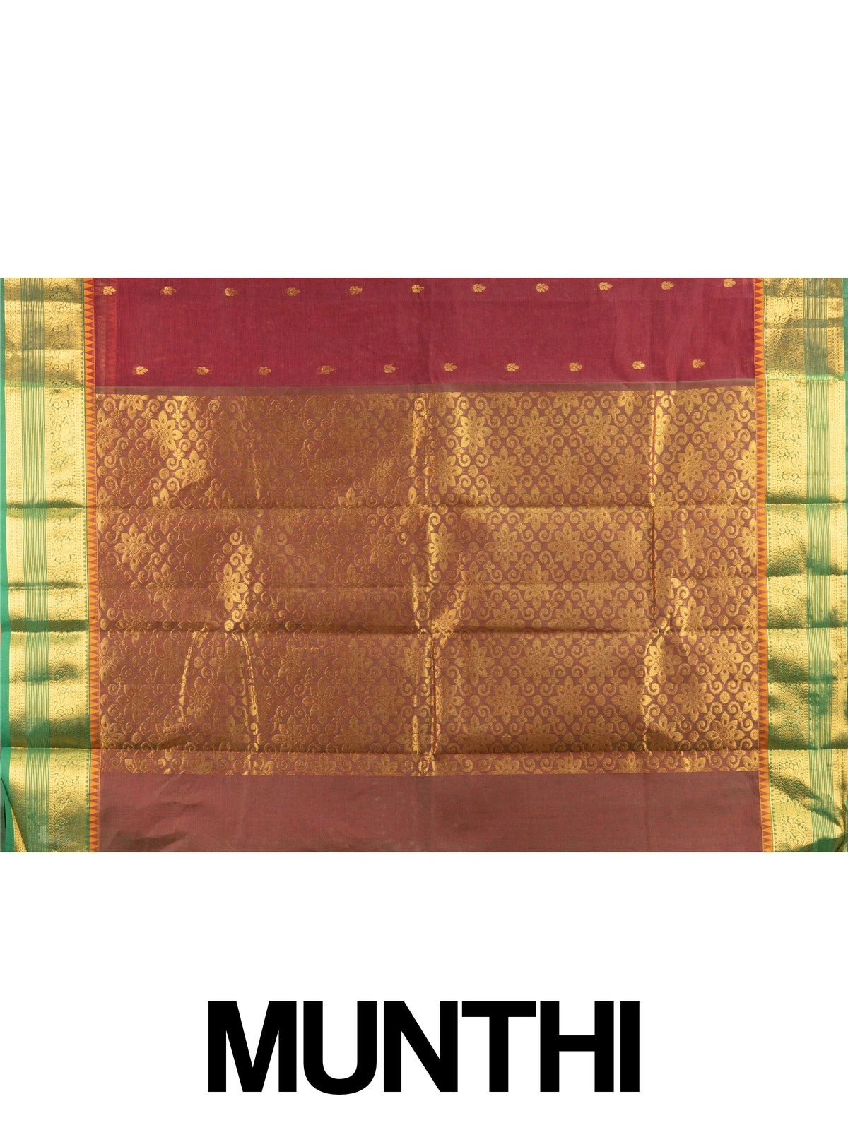 Maroon Chettinad cotton saree with green and gold zari contrast border and gold buttas