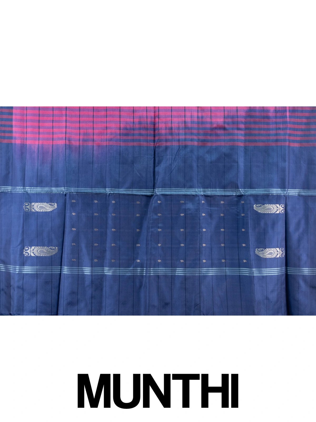 Pink and navy blue Banana Silk saree with blue checks and silver zari paisley pallu